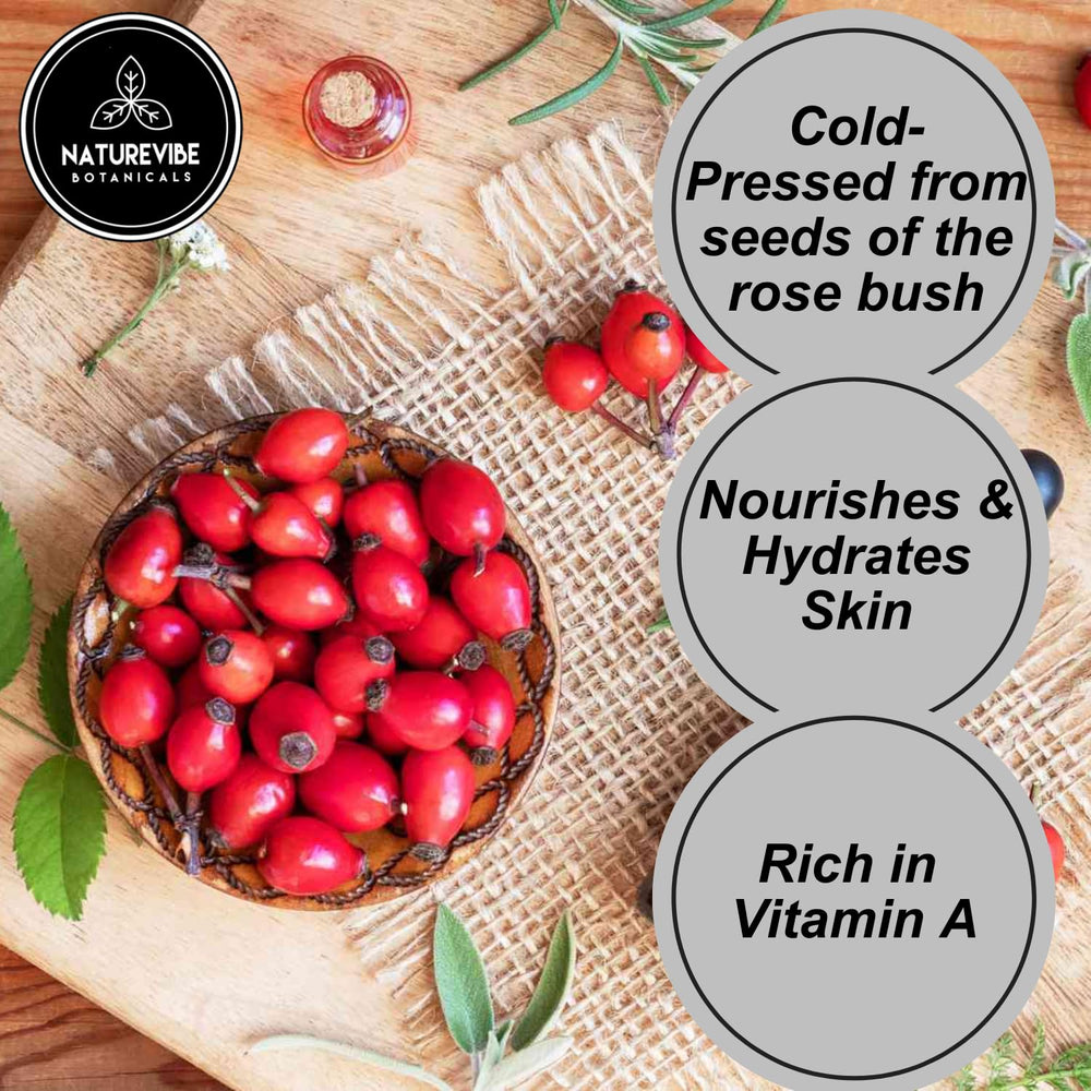 Naturevibe Botanicals Aceite de Rosa Mosqueta, prensado en frío, conserva nutrientes para la piel.
