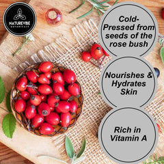 Naturevibe Botanicals Aceite de Rosa Mosqueta, prensado en frío, conserva nutrientes para la piel.