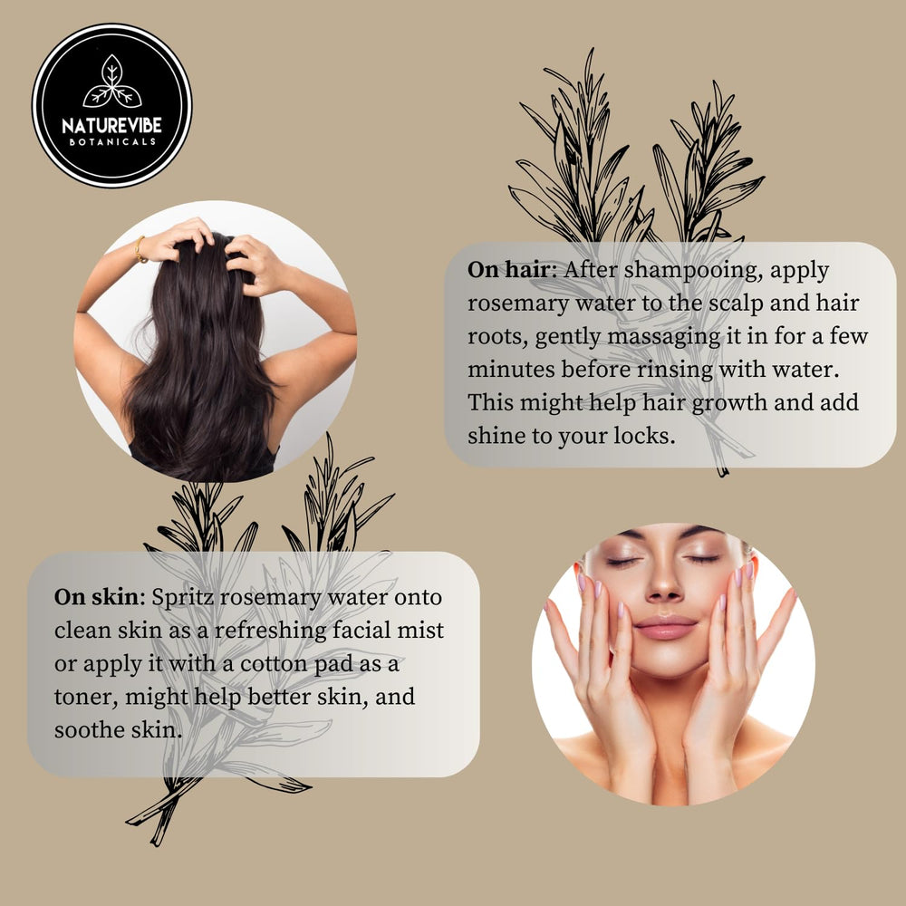 Naturevibe Botanicals Agua de Romero, uso capilar para cabello renovado.
