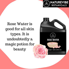 Alcohol-free Naturevibe Botanicals rose water label indicating gentle skin care.