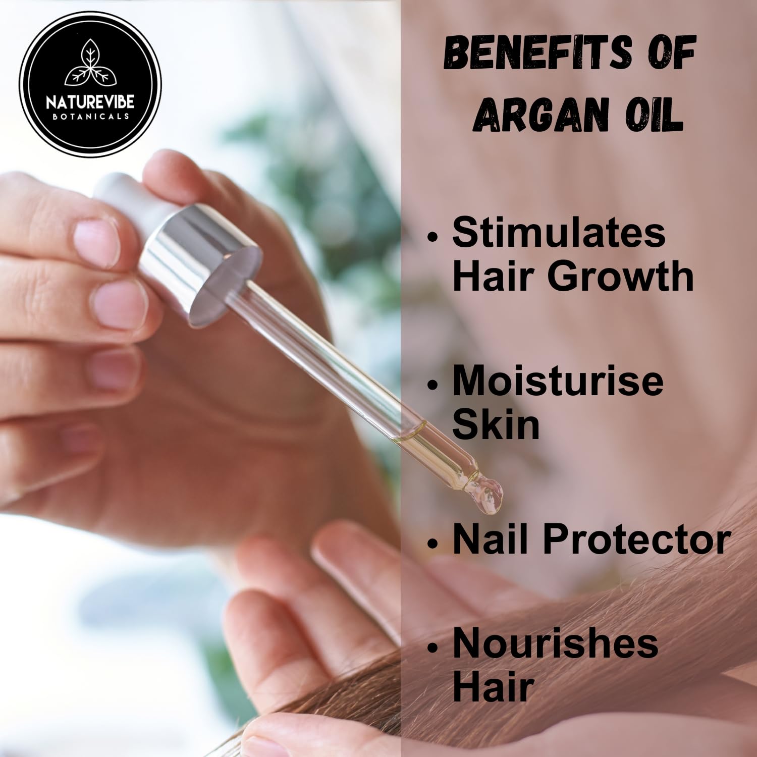 Naturevibe Botanicals Argan Oil closeup nutrient-rich image highlights pure, cold-pressed quality