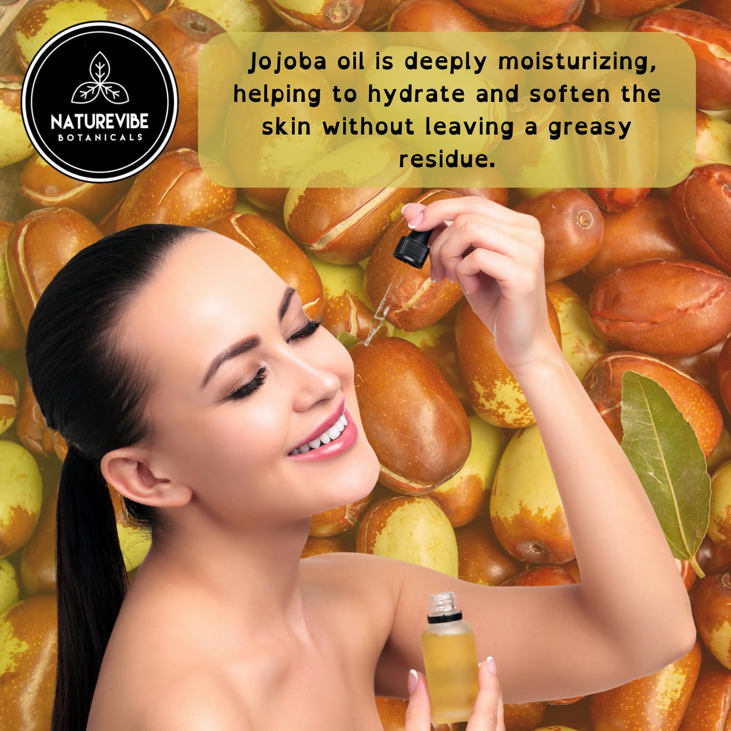 Naturevibe Botanicals Golden Jojoba Oil closeup highlighting rich golden texture and purity.