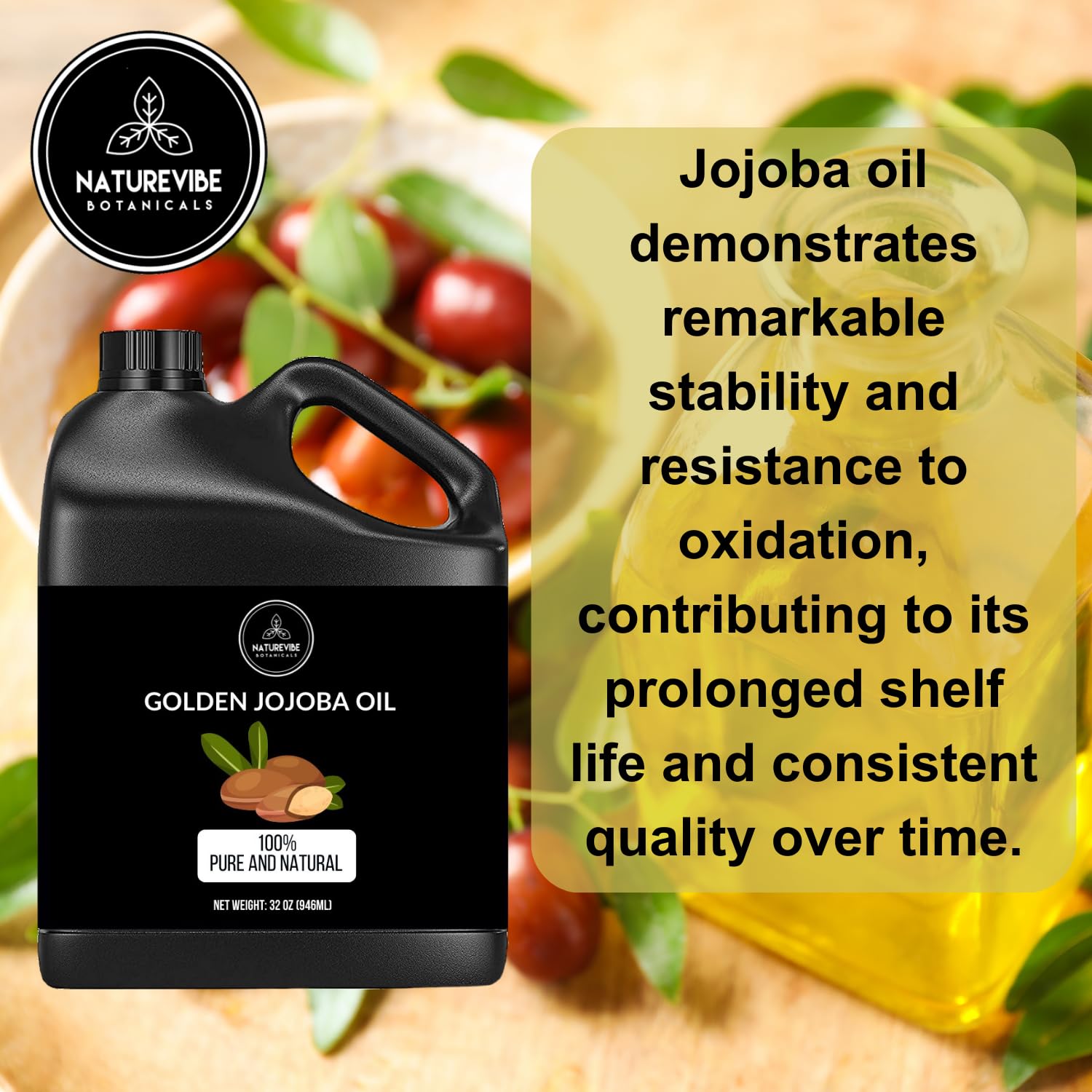 Naturevibe Botanicals Golden Jojoba Oil packaging and label details.