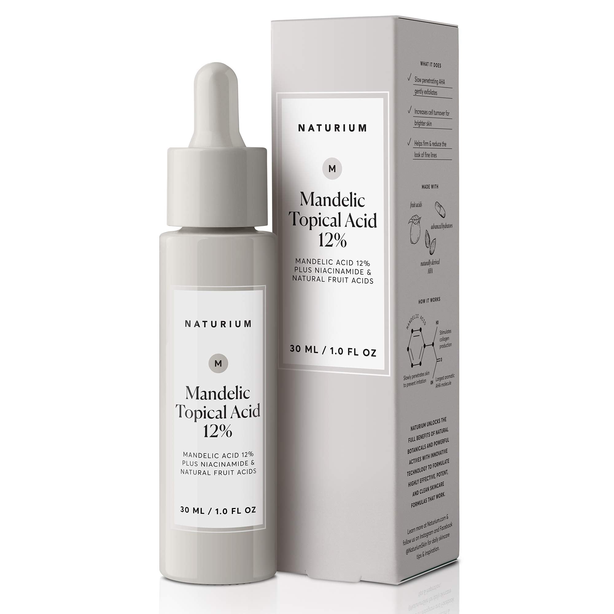 Naturium acido mandelico 12% con niacinamida en bote, cuidado suave para piel sensible.