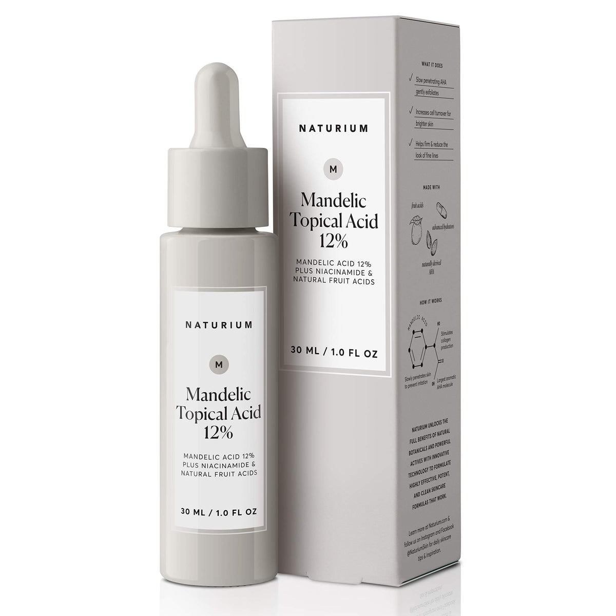 Naturium acido mandelico 12% con niacinamida en bote, cuidado suave para piel sensible.