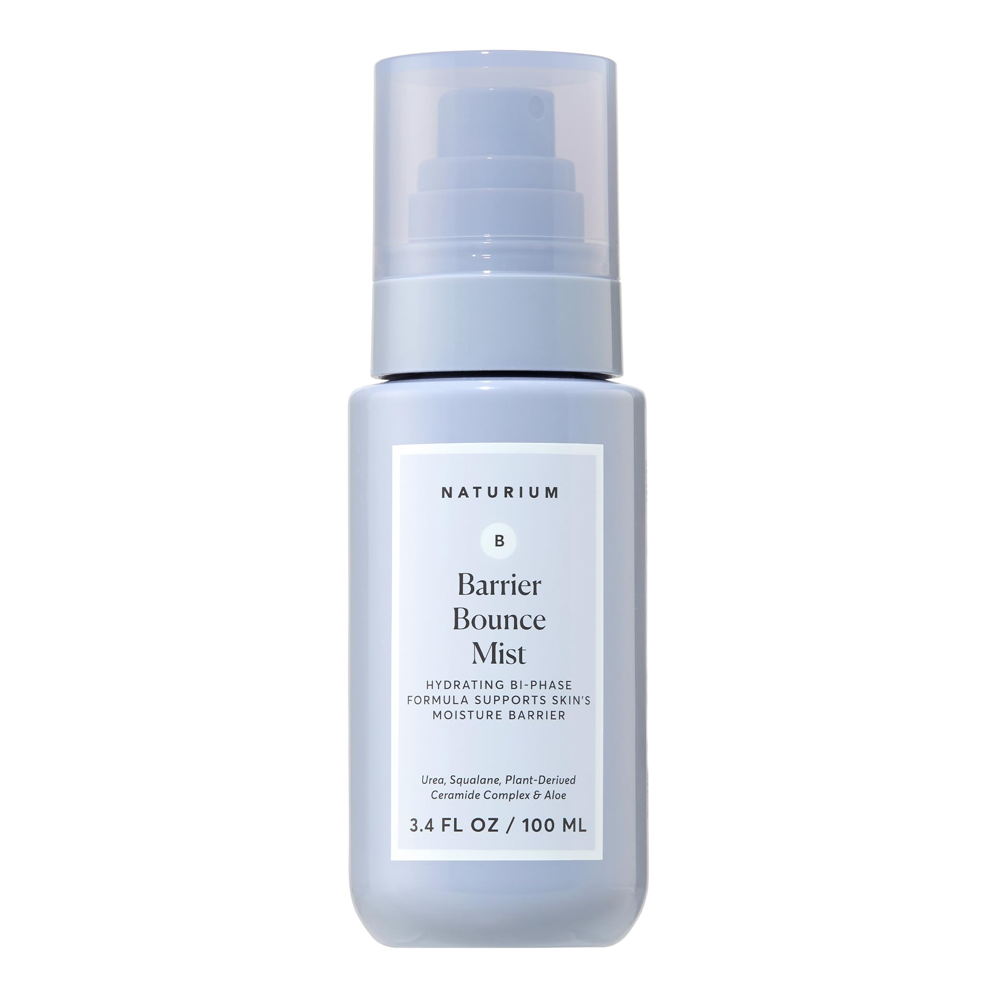 Naturium Barrier Bounce Mist, botella y spray, refresca e hidrata la piel durante el día