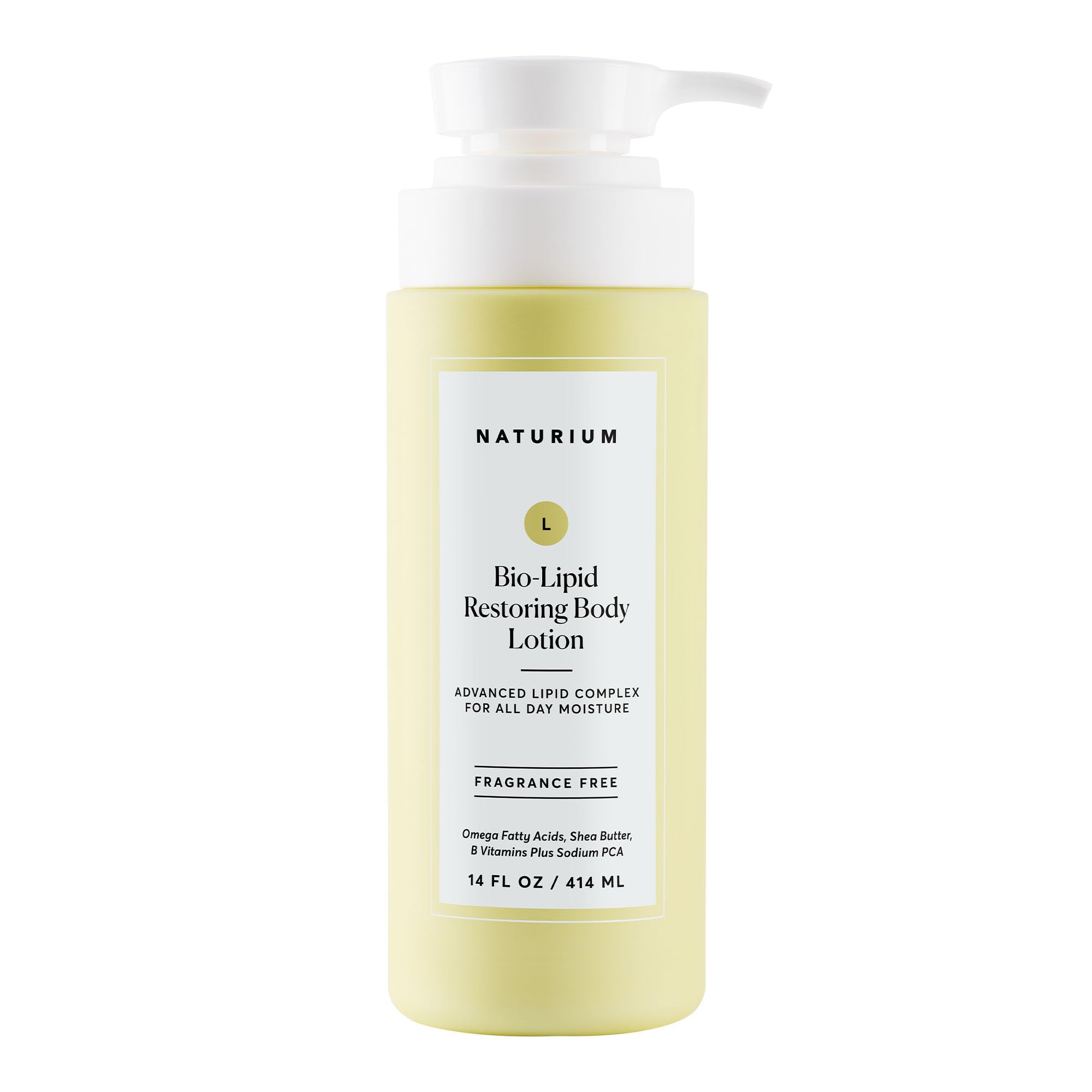 Naturium Bio-Lipid Loción Restauradora en botella, hidrata la piel todo el día.
