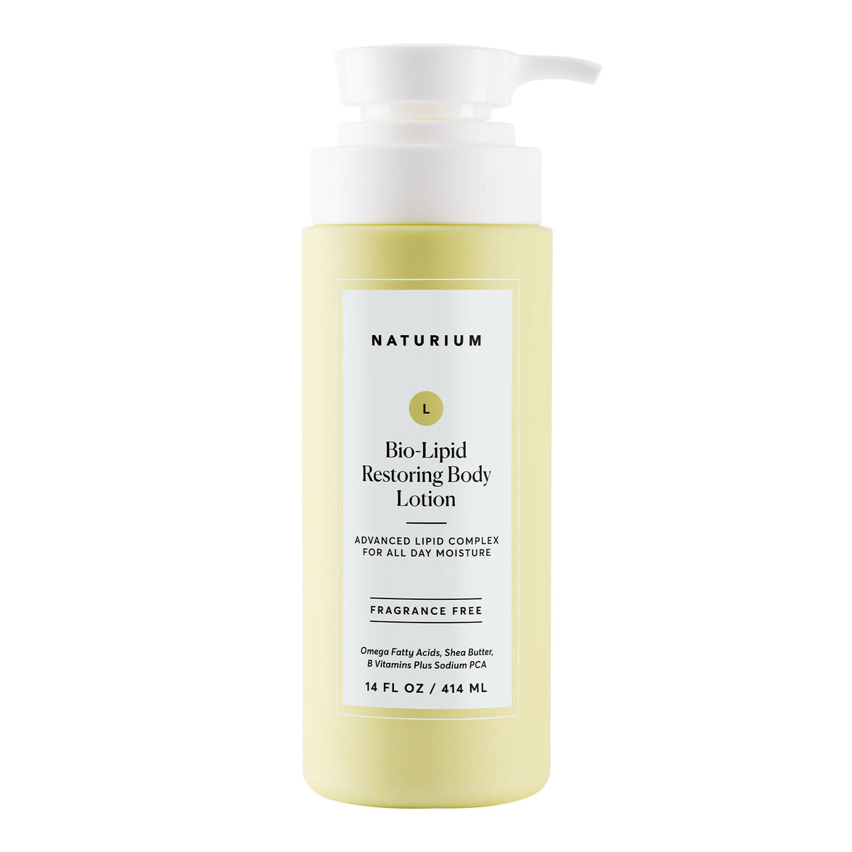 Naturium Bio-Lipid Loción Restauradora en botella, hidrata la piel todo el día.