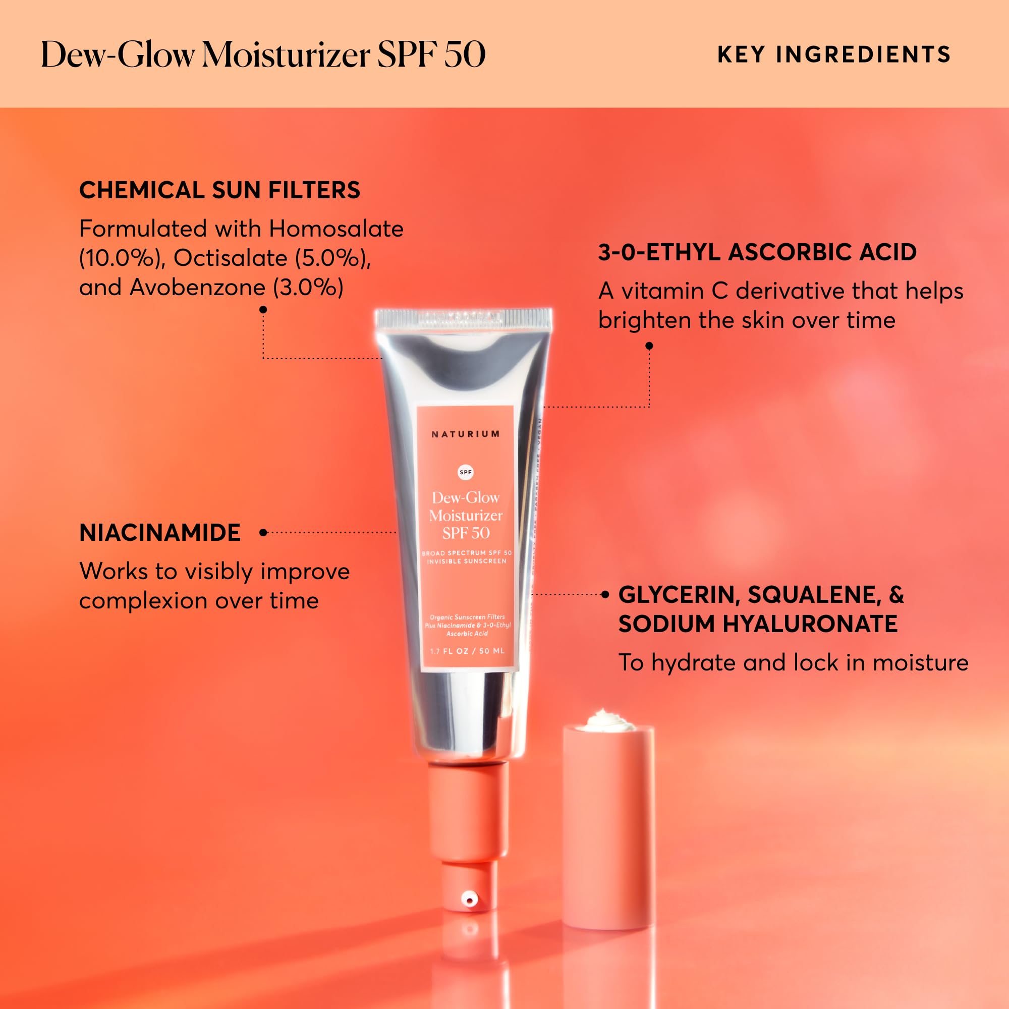 Naturium Dew-Glow Moisturizer SPF50 on skin creating an even, dewy base
