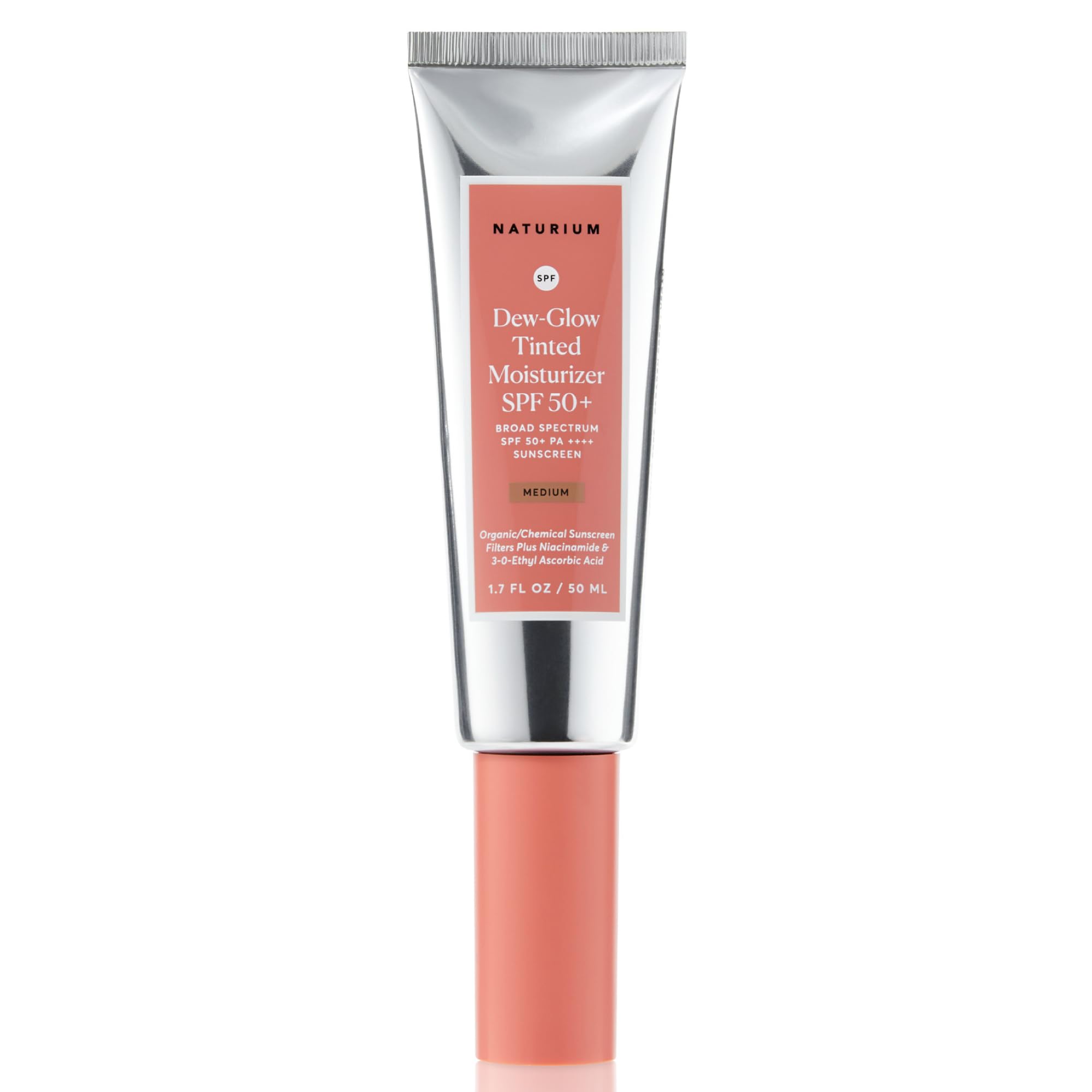 Naturium Dew-Glow tinted moisturizer bottle with SPF 50+ for a dewy finish