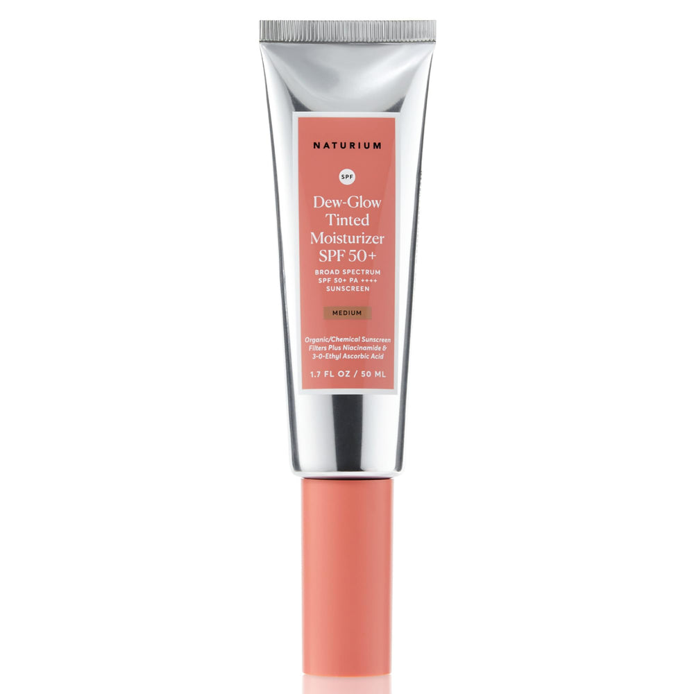 Naturium Dew-Glow tinted moisturizer bottle with SPF 50+ for a dewy finish