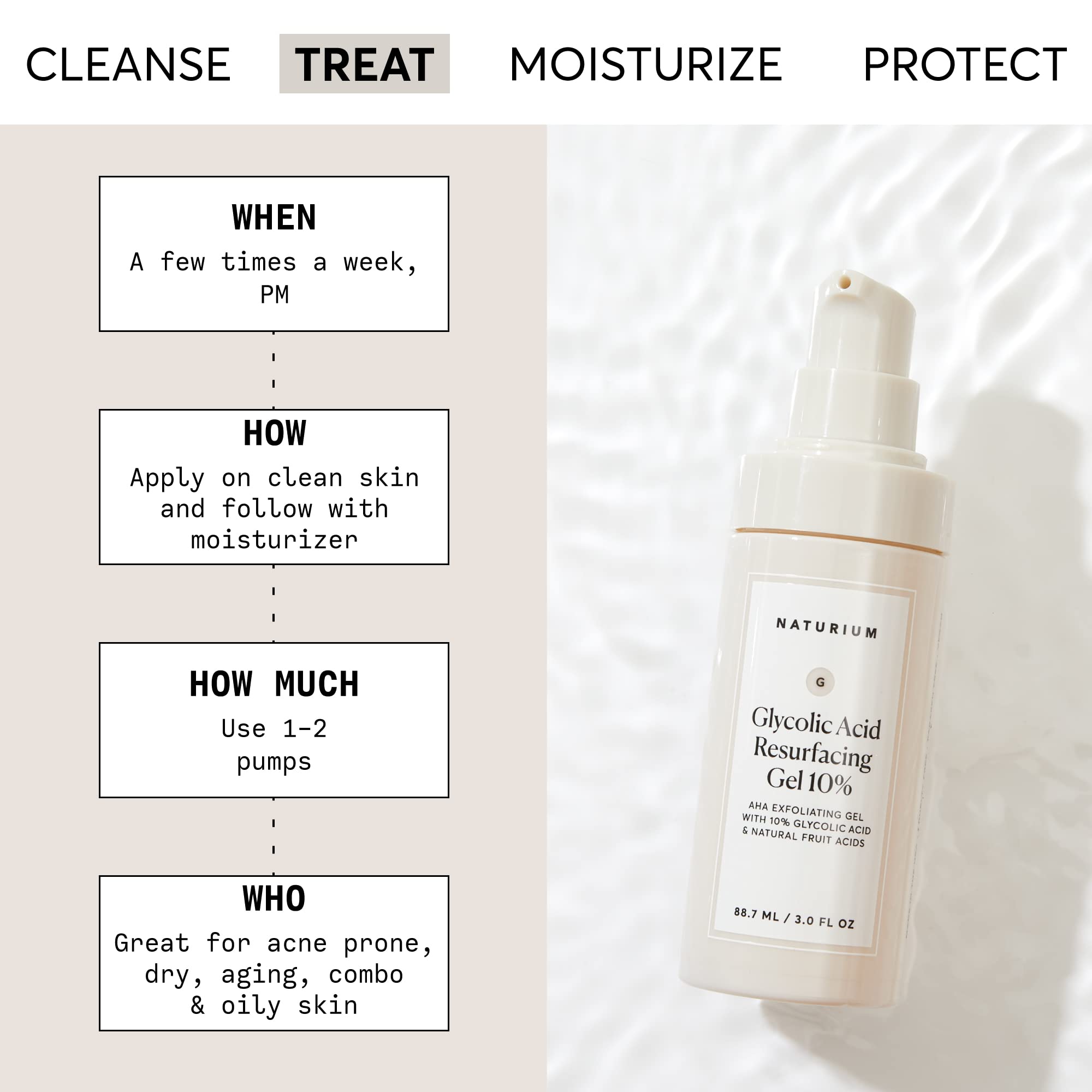 Naturium gel exfoliante 10% aplicación suave en piel para renovación suave.