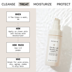 Naturium gel exfoliante 10% aplicación suave en piel para renovación suave.
