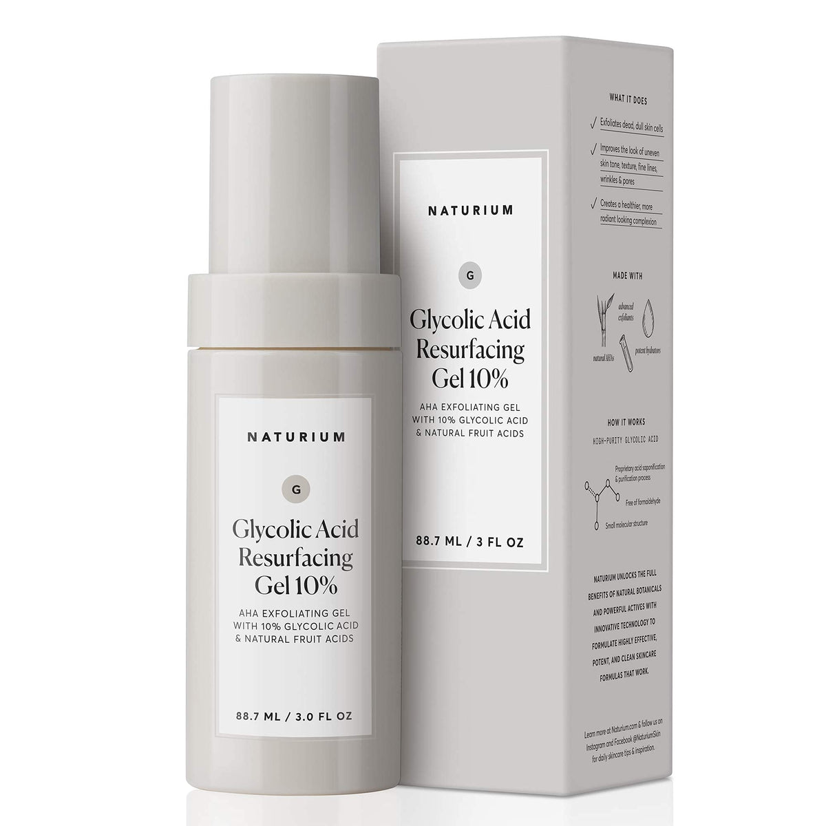 Naturium gel exfoliante con ácido glicólico 10% frasco de 3 onzas para exfoliación suave.