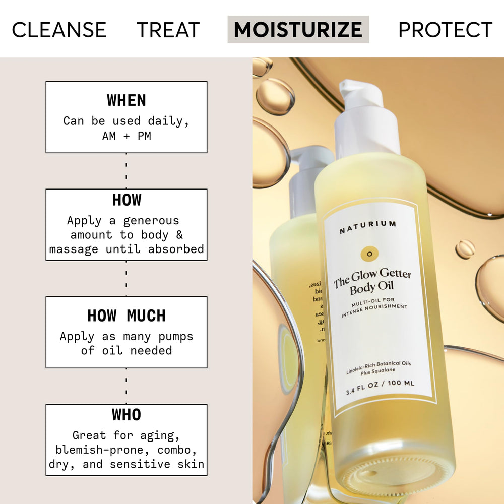 Naturium Glow Getter Body Oil being pumped to show silky texture and absorption
