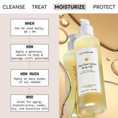Naturium Glow Getter Body Oil being pumped to show silky texture and absorption