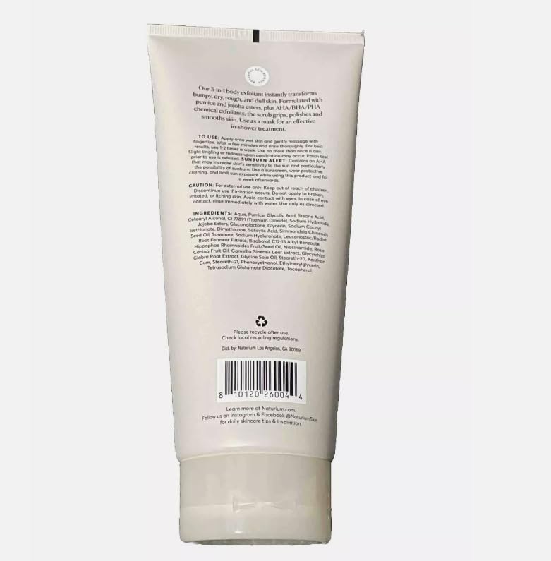 Naturium KP body scrub bottle on shelf ready for routine.