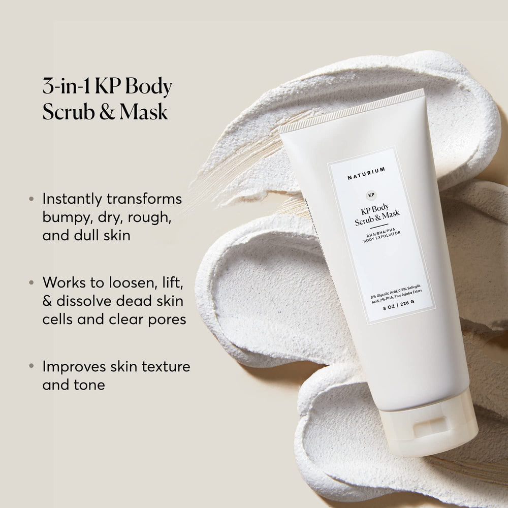 Naturium KP body scrub with jojoba esters for gentle polish.