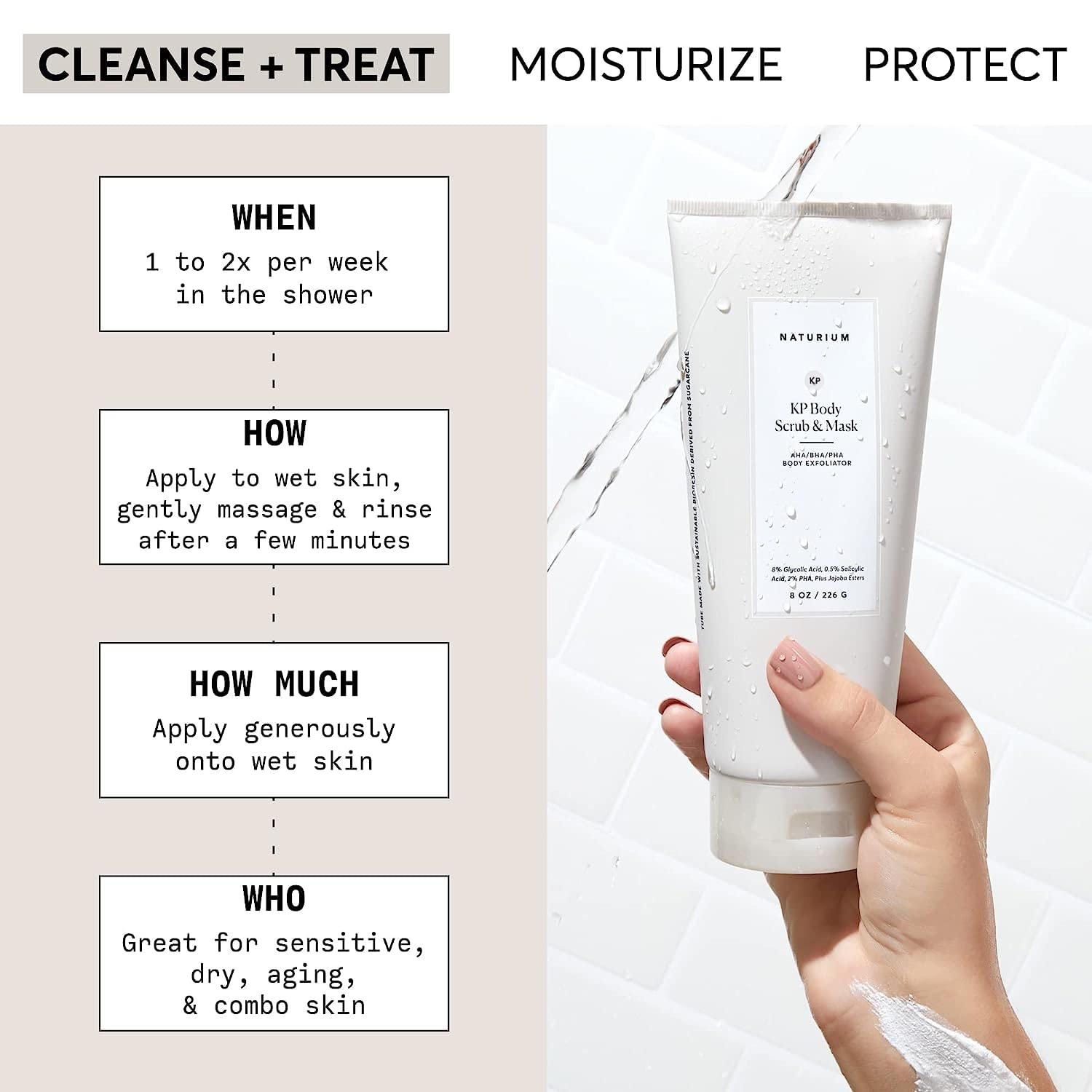 Naturium KP body scrub pumice grains visible for effective surface renewal.