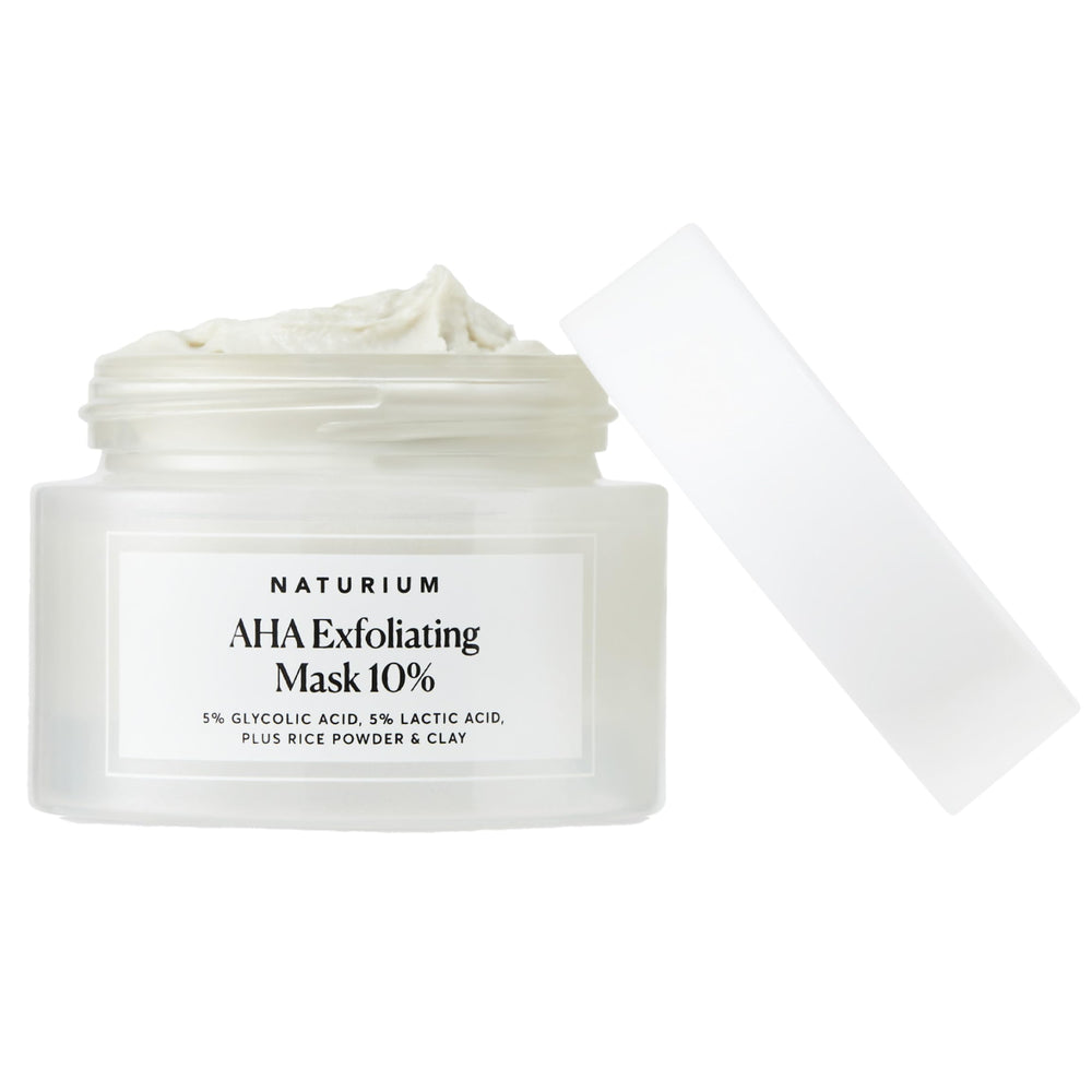 Naturium Mascarilla Exfoliante AHA-10, botella para aplicación suave y rápida.