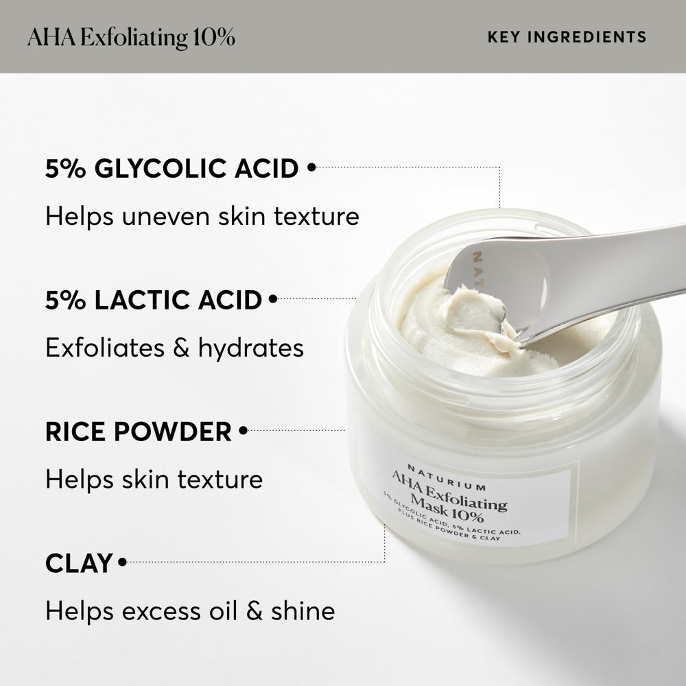 Naturium Mascarilla Exfoliante AHA-10, piel suave y radiante tras cada uso.