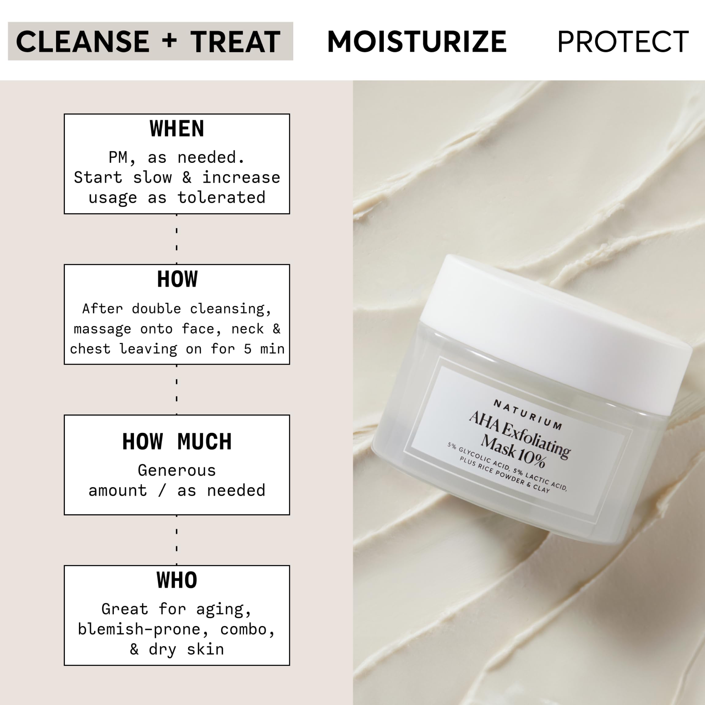 Naturium Mascarilla Exfoliante AHA-10, textura cremosa facilita la aplicación nocturna.