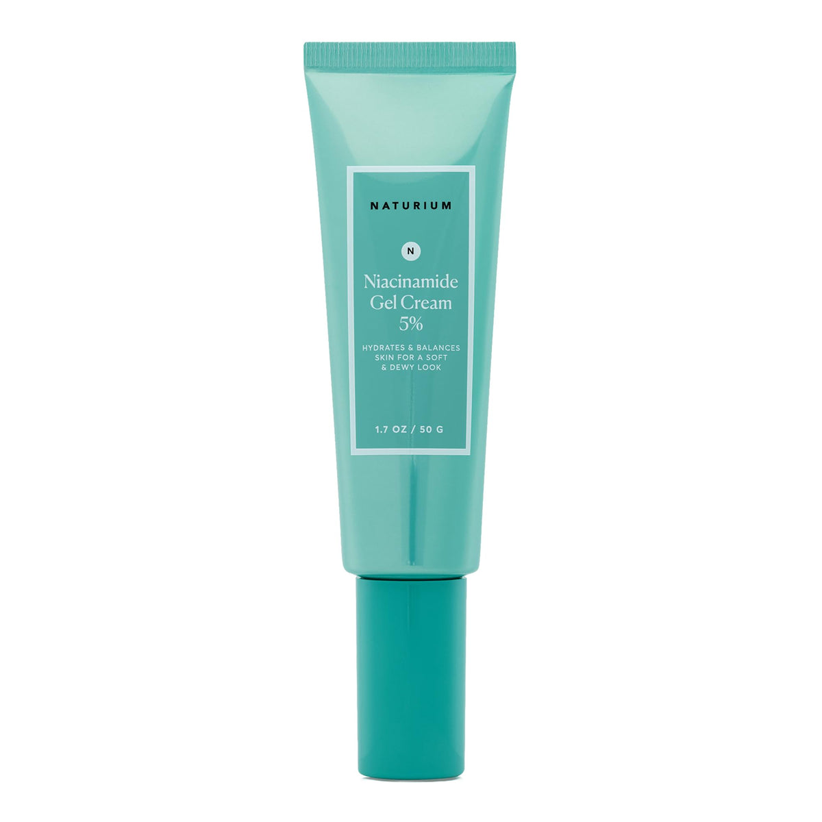 Naturium Niacinamide Gel Cream, botella vertido, promueve hidratación equilibrada para piel radiante.