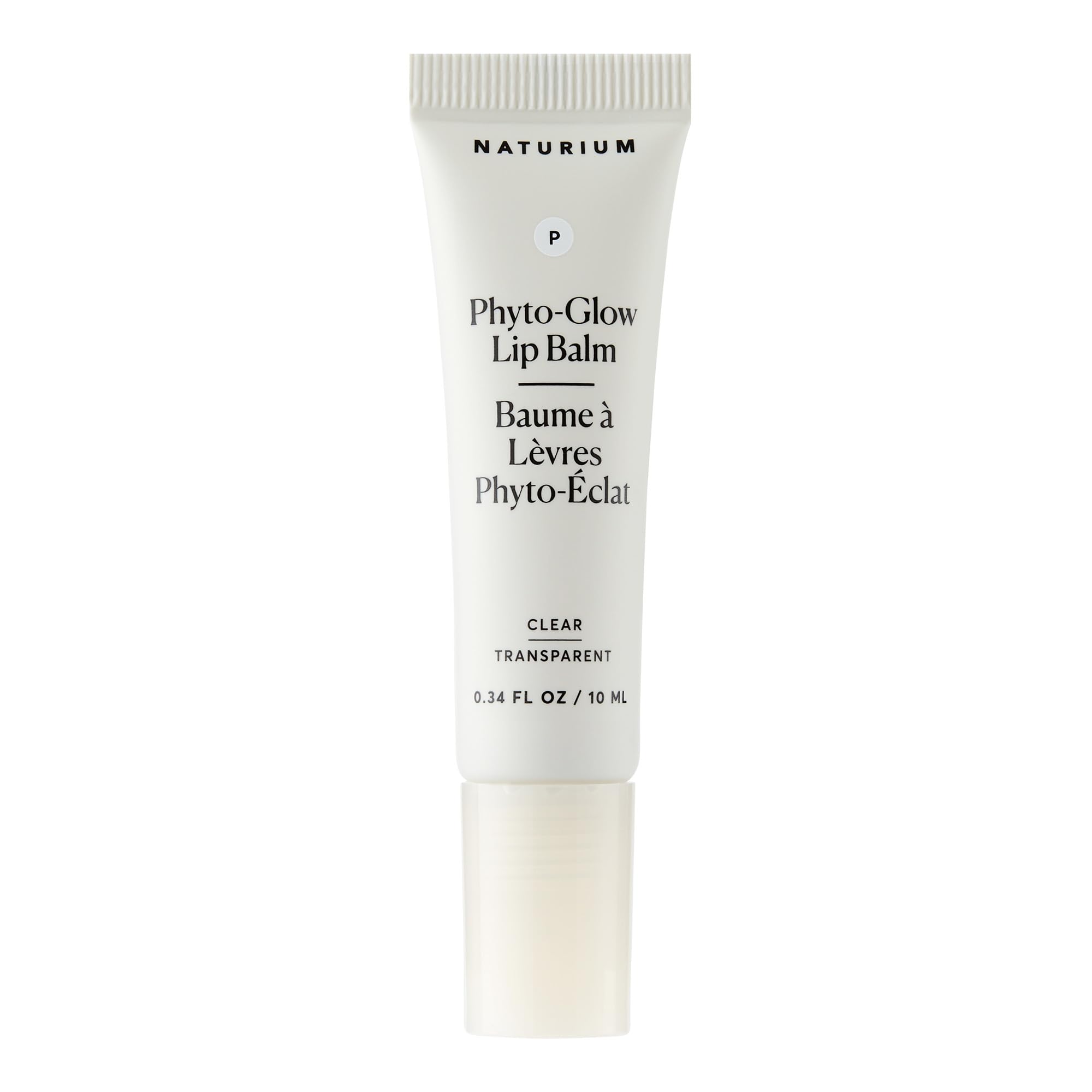 Naturium Phyto-Glow Lip Balm envase claro, hidratación duradera para labios suaves.