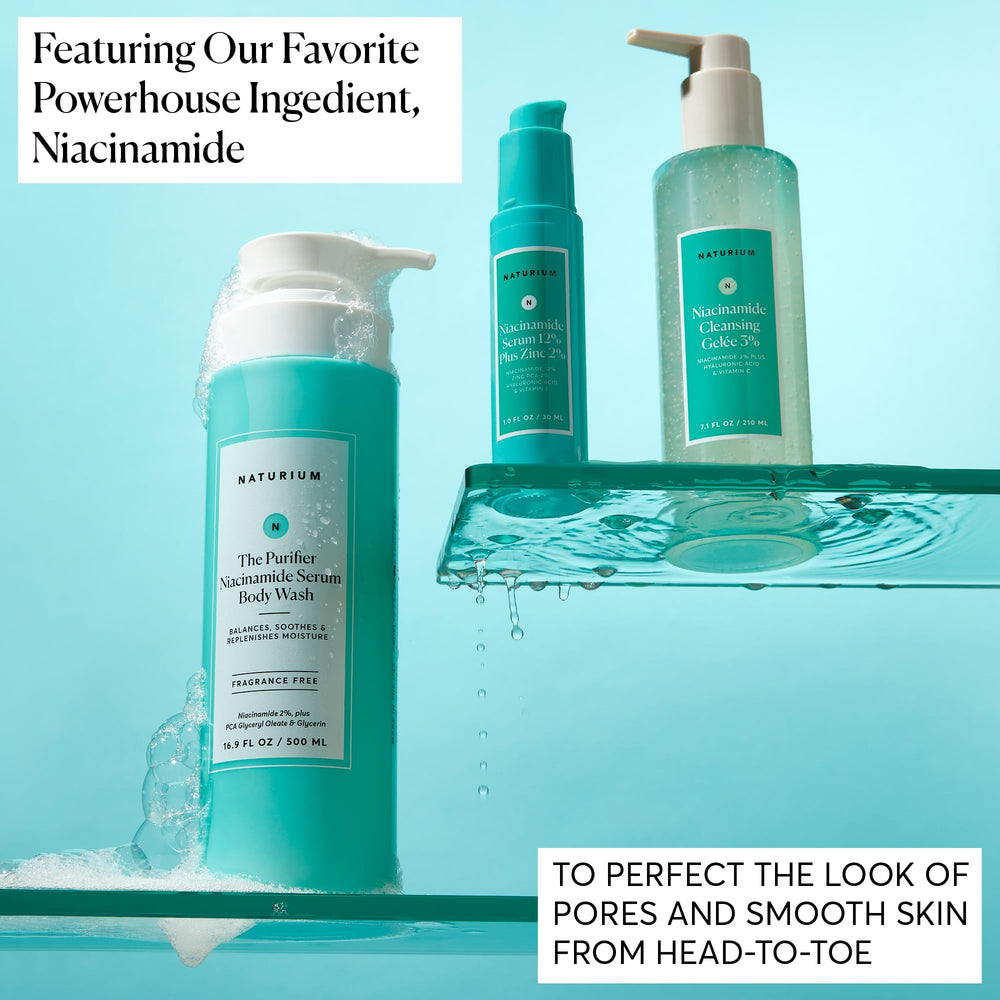 Naturium The Purifier Niacinamide Serum Body Wash envase en primer plano