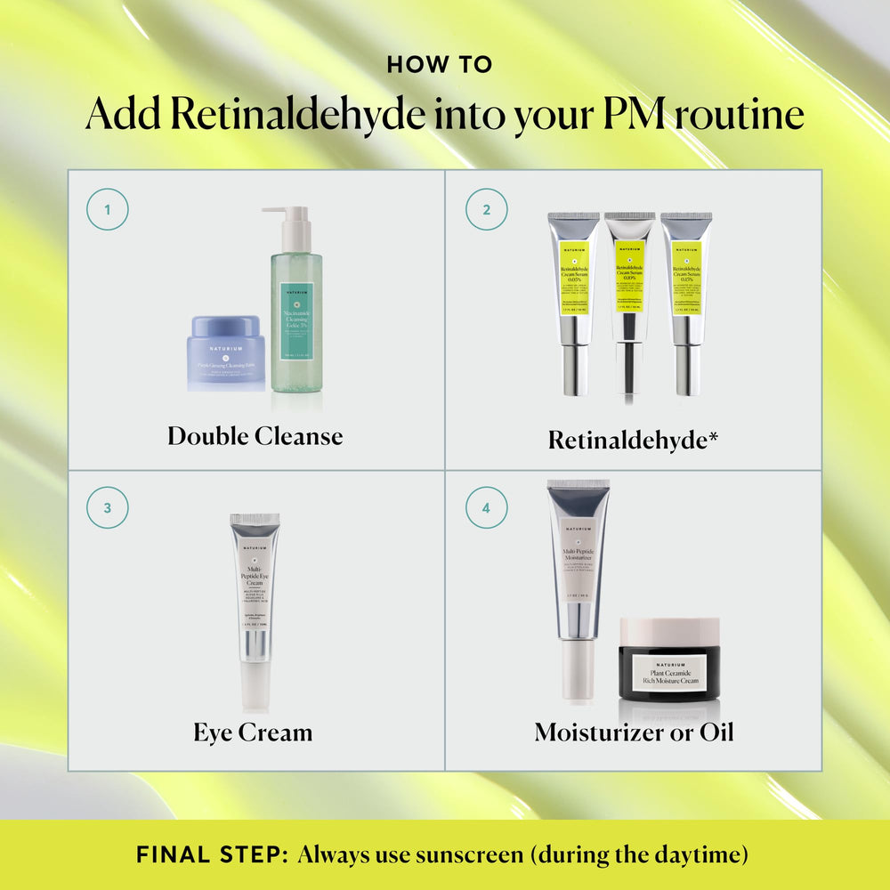Naturium retinaldehyde cream serum on skin demonstrates smoothing during nighttime routine.