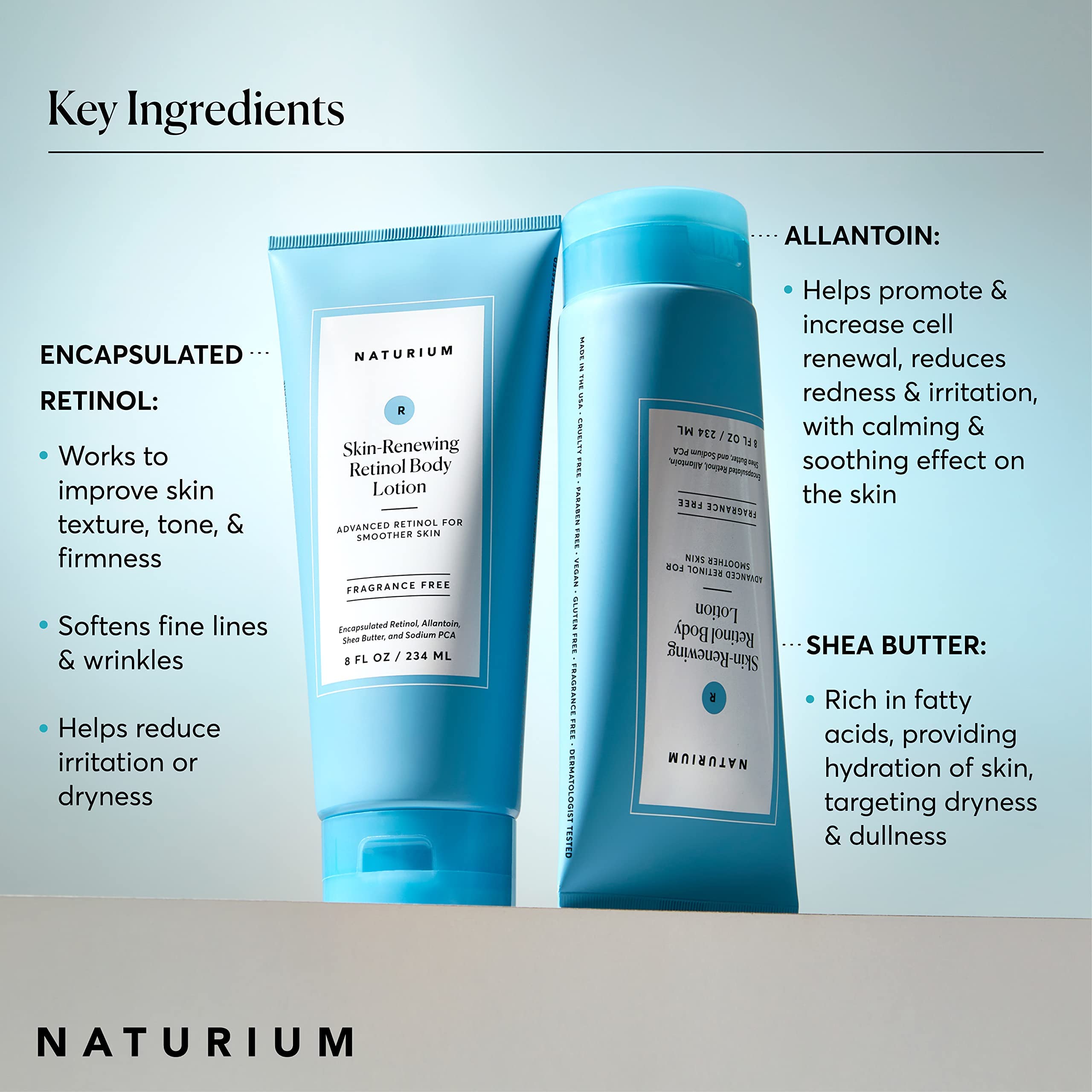 Naturium Retinol Body Lotion Shea butter imagery signals deep nourishment.