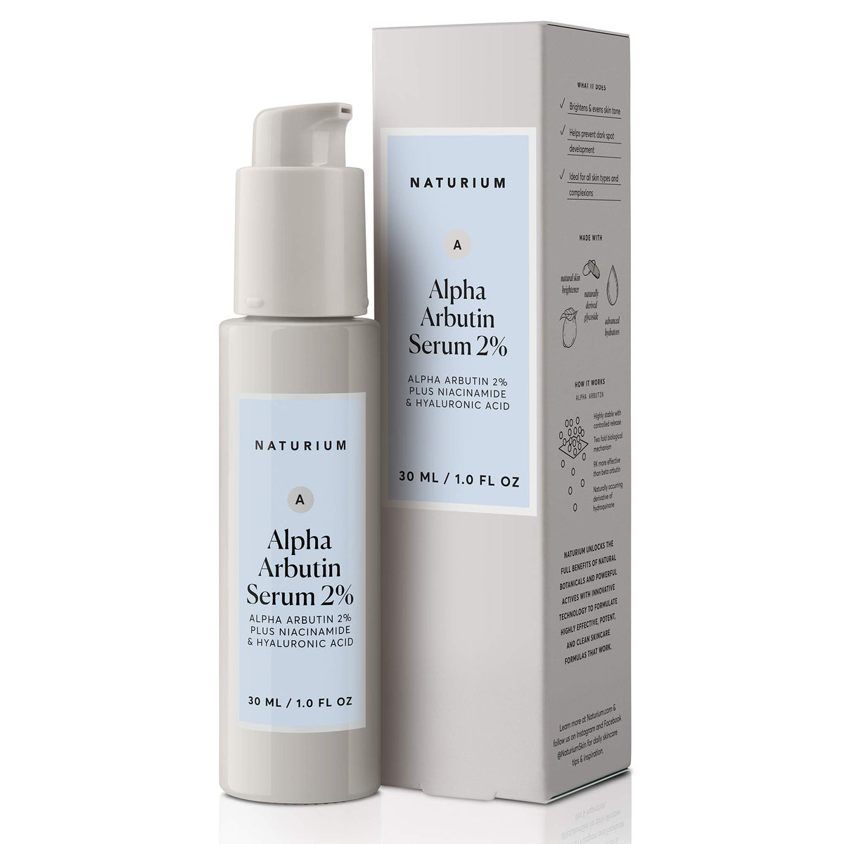 Naturium Alpha Arbutin Serum 2% en bote promueve tono uniforme y luminoso.