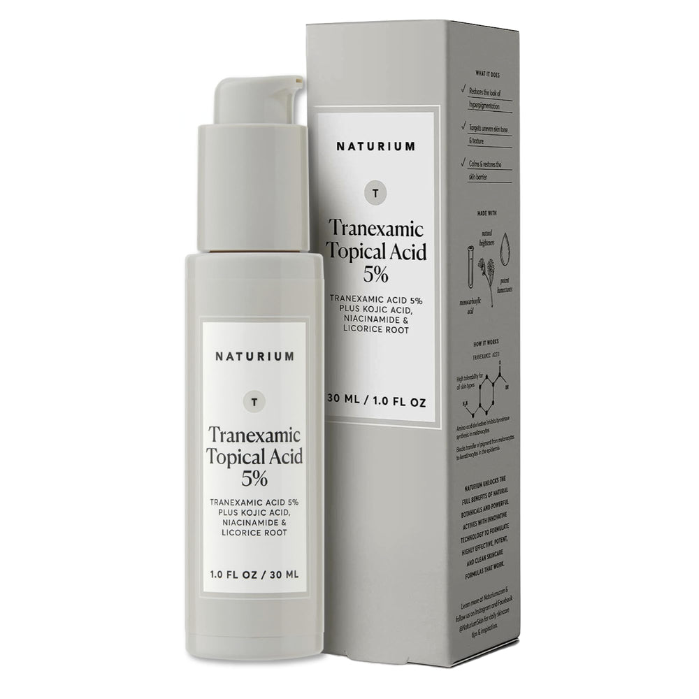 Naturium tranexamic topical acid 5% serum bottle closeup for even-tone skin.