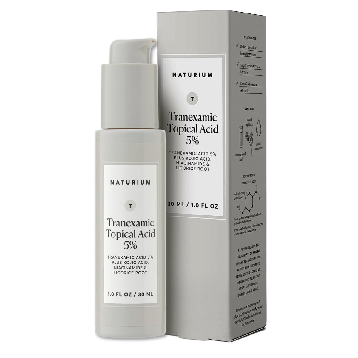 Naturium tranexamic topical acid 5% serum bottle closeup for even-tone skin.