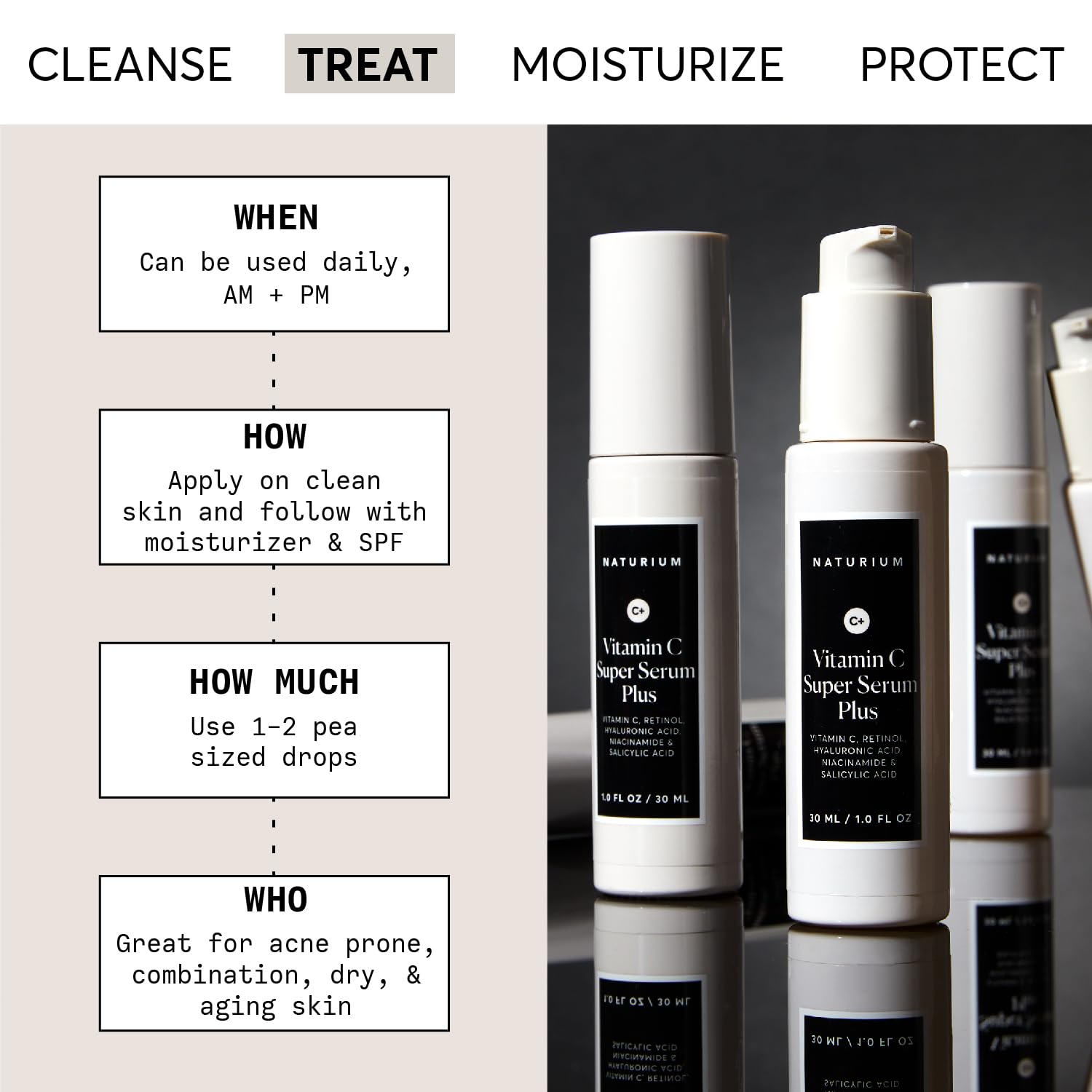 Naturium Vitamin C Super Serum Plus dispensing action supports a simple AM/PM routine.