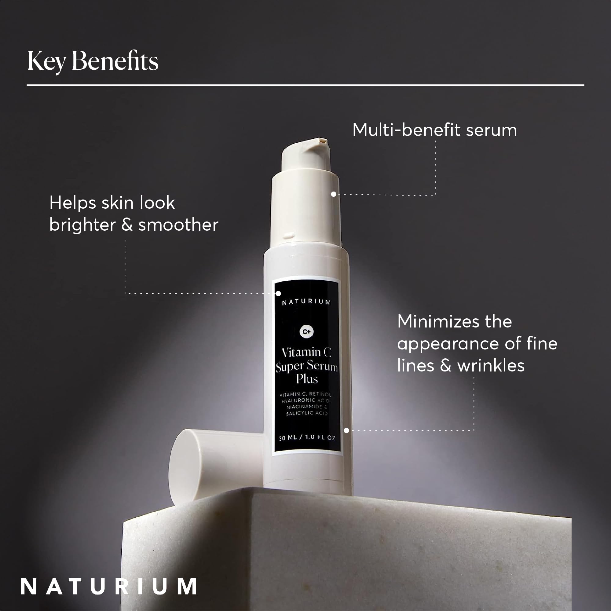 Naturium Vitamin C Super Serum Plus serum layers suggest anti-aging glow.