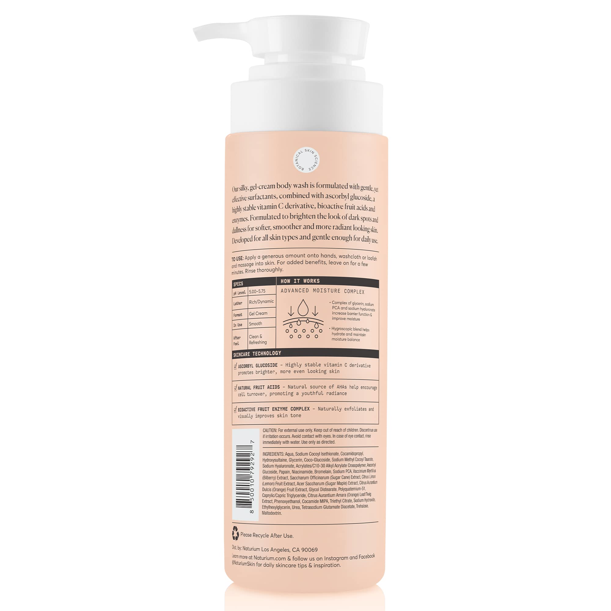 Naturium iluminador corporal de vitamina C, limpia suavemente sin resecar