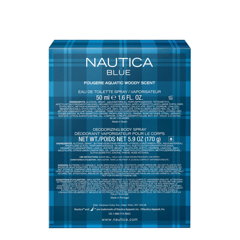 Travel-friendly Nautica Blue gift set with compact EDT and deodorant.