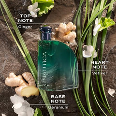 Nautica Color Green bottle close-up highlighting the ginger opening for an energizing feel.
