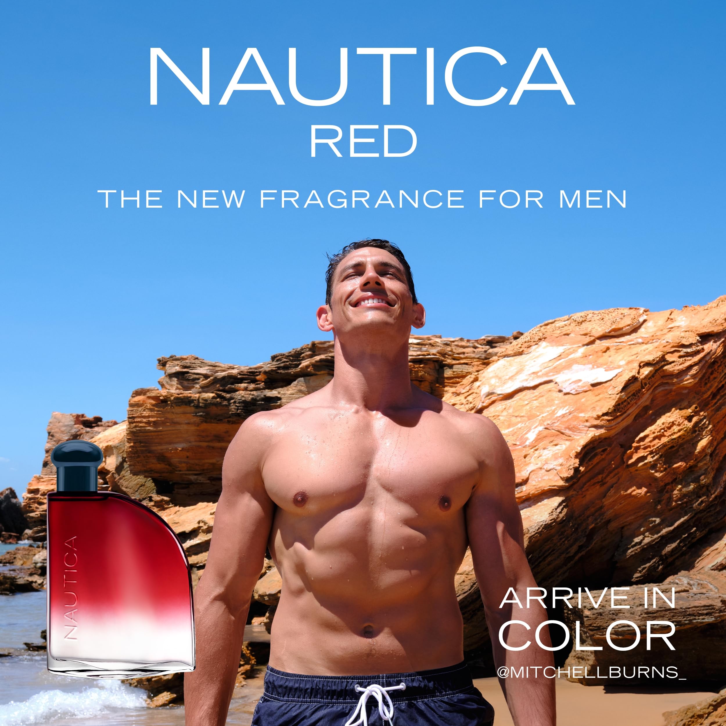 Nautica Color Red bottle resting on wood surface suggestive of coastal ruggedness