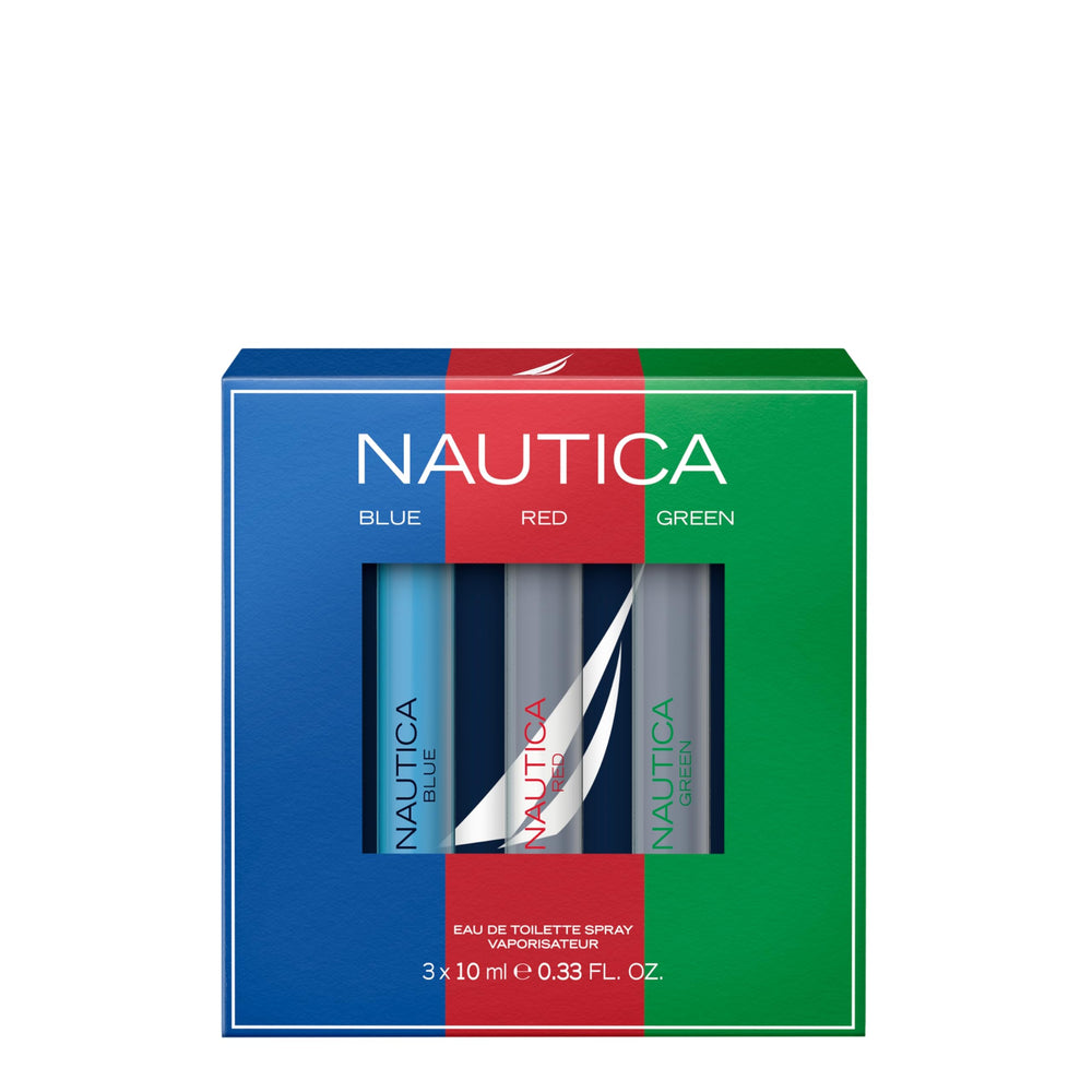 Nautica gift set packaging with three compact EDTs