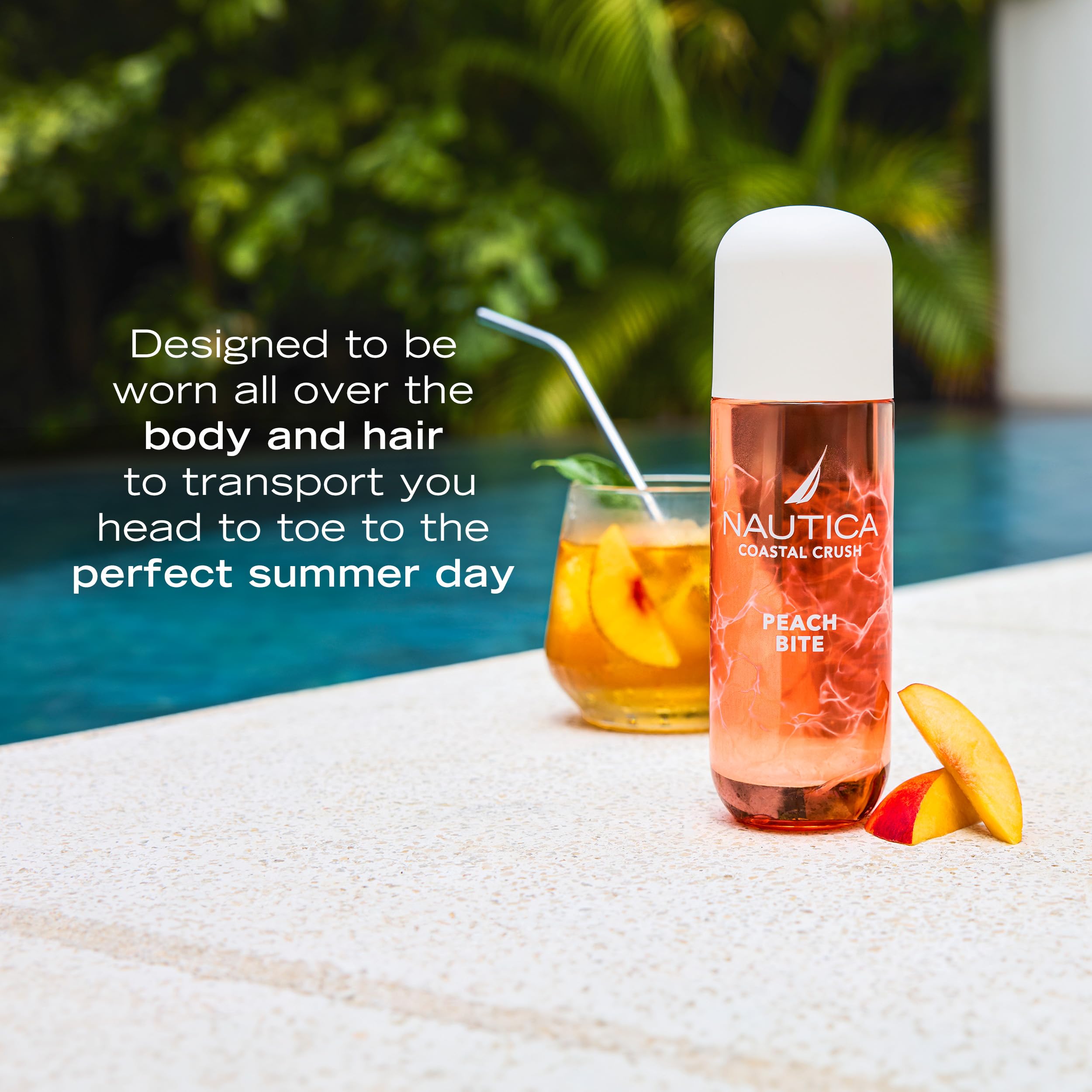 Nautica Peach Bite beach bag-ready bottle shines in sunlit travel scenes