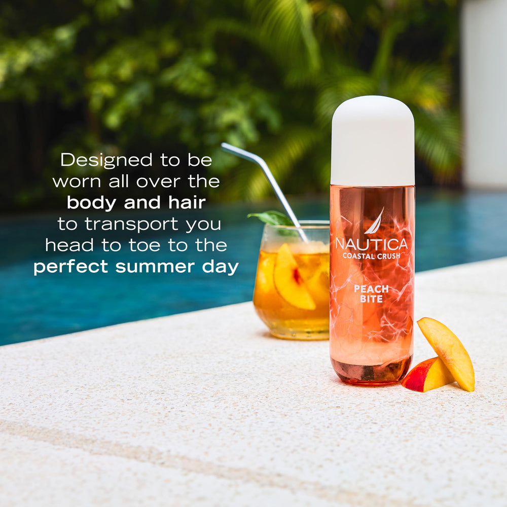 Nautica Peach Bite beach bag-ready bottle shines in sunlit travel scenes