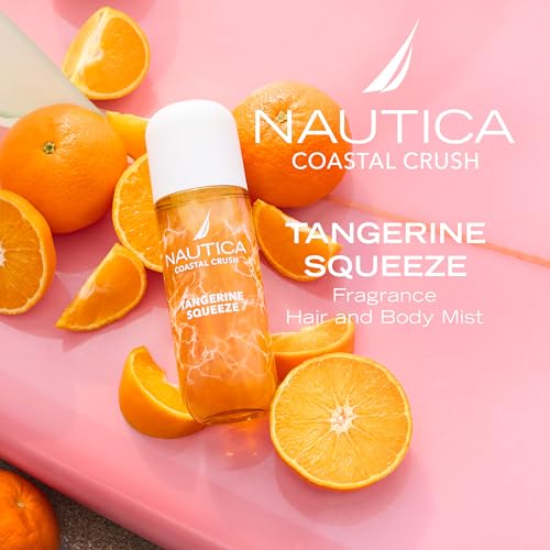 Nautica Tangerine Squeeze hair mist application demonstrates lightweight scent diffusion.