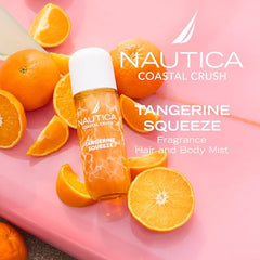 Nautica Tangerine Squeeze hair mist application demonstrates lightweight scent diffusion.