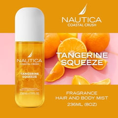 Nautica Tangerine Squeeze spray action showing a quick, refreshing mist for skin and hair.