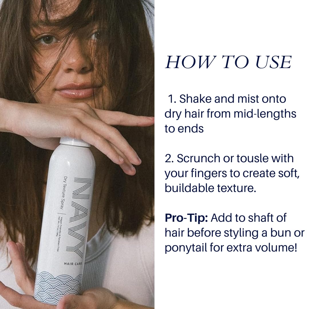 Navy Hair Care Navy Dry Texture Spray application demonstrates easy, buildable styling