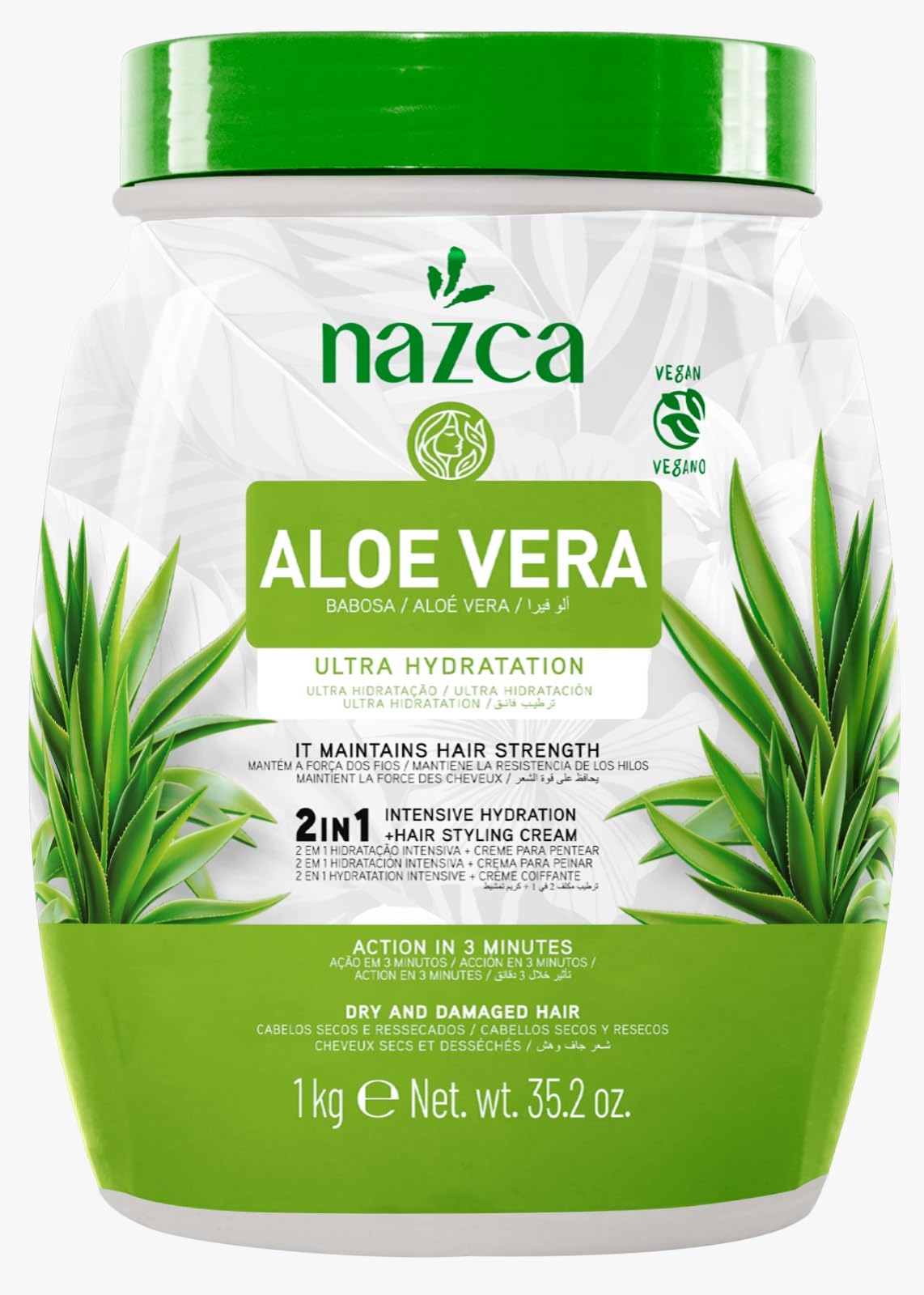Nazca Aloe Vera 2-en-1, bote jumbo, hidratación profunda y brillo suave para todo tipo de cabello.