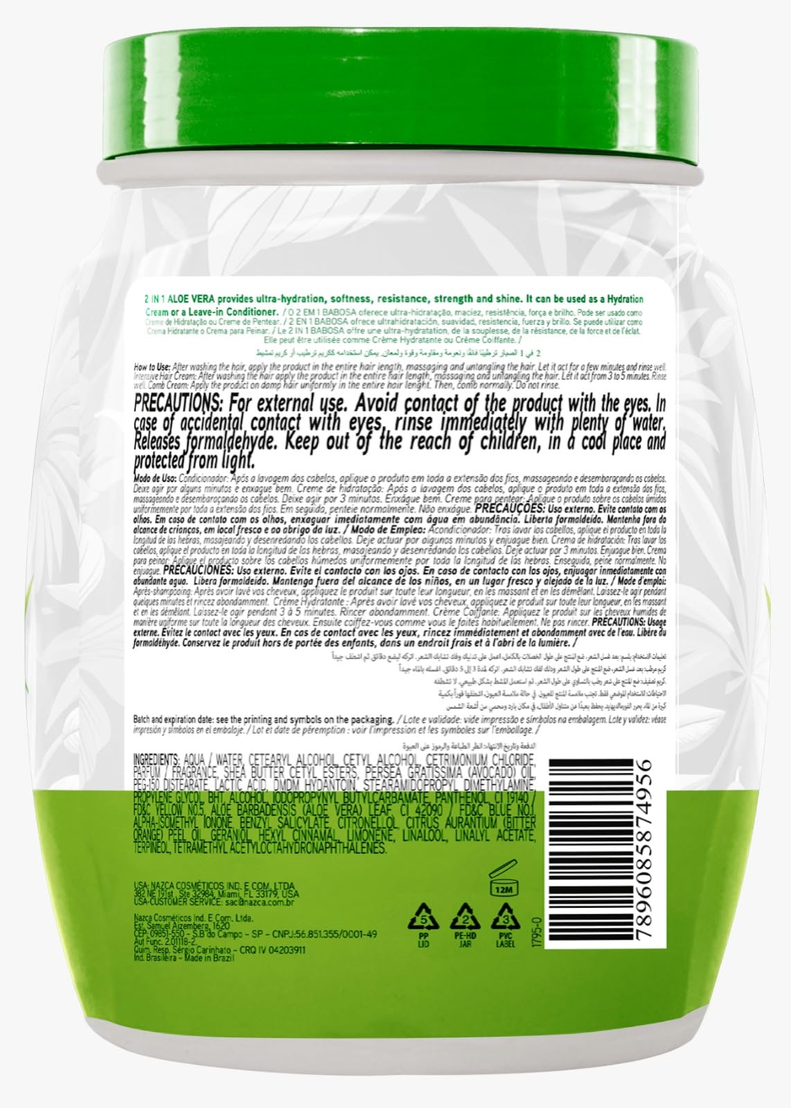 Nazca Aloe Vera 2-en-1, textura cremosa, uso como mascarilla o crema de peinado.