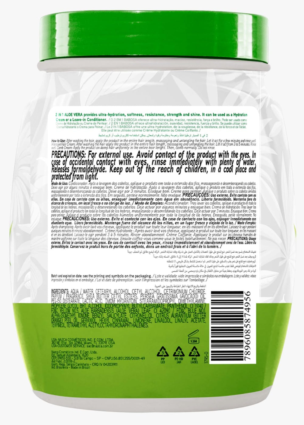 Nazca Aloe Vera 2-en-1, textura cremosa, uso como mascarilla o crema de peinado.